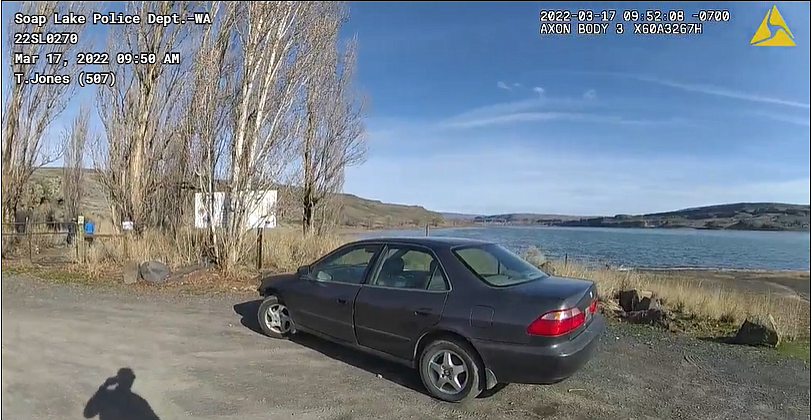 A body cam still from SLPD officer Trevor Jones shows a stolen vehicle that was recovered by the department on March 18. The department also announced that it will begin enforcing the city's municipal codes again after a year and a half of not doing so due to pandemic concerns.