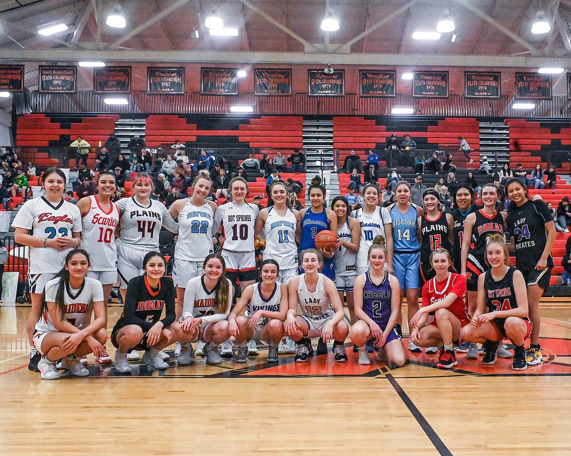 The 2022 Mission Valley girls all-stars (left to right) back row, standing: Sarah Gardipe (Two Eagle River), McKirah Fisher (Arlee),  Krystena Boes (Plains), Scout Nadeau (Bigfork), Katelyn Christensen (Hot Springs), Emma Berreth (Bigfork), Kooper Page (Mission), Kason Page (Mission), Madyson Currie (Mission), Madison Chappuis (Bigfork), Kaylah Standeford (Plains), Janelle AfterBuffalo (Two Eagle River), Olivia Heiner (Ronan), Turquoise Pierre (Polson). Front row, kneeling: Leina Ulutoa (Ronan), LaReina Cordova (Ronan), Dani Coffman (Ronan), Hayleigh Smith (Charlo), Jazlyn Dalbey (Polson), Kassidi Cox (Charlo), Raven Parson (Arlee), Lauryn Aldridge (Plains). Unable to attend: Braeden Gunlock (Bigfork), Mckenna Hanson (Polson). (Courtesy of Christa Umphrey, Forward Photography)