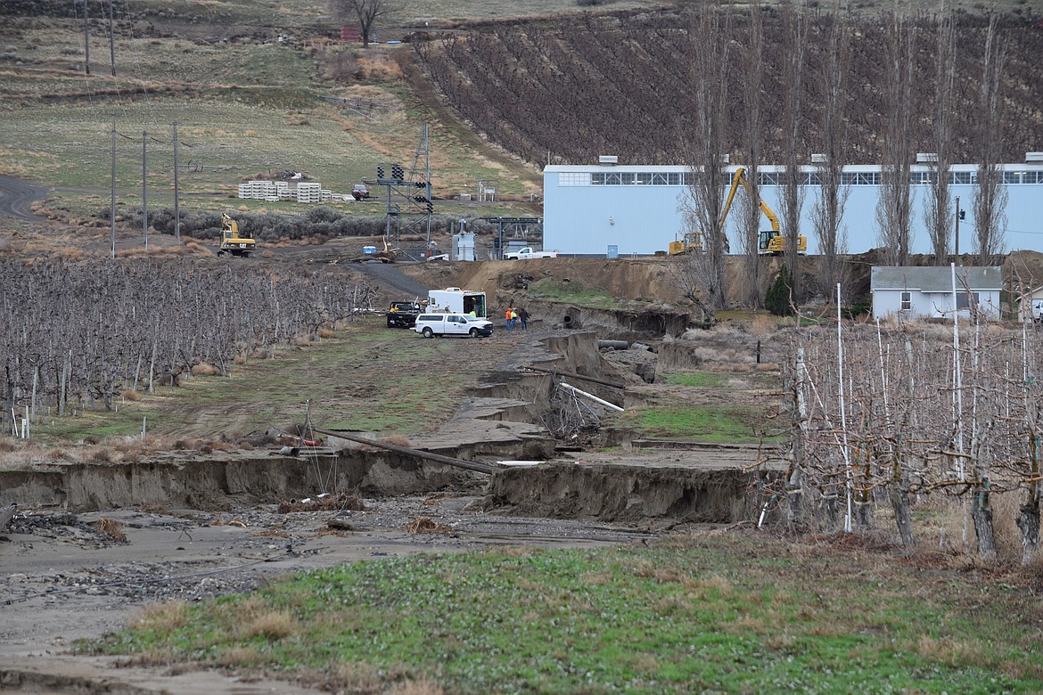 The effects of the early Friday morning canal breach near a Quincy Columbia Basin Irrigation District pump house at the intersection of Frenchman Hills Road W and Road E SE, south of Quincy. This photo was taken on Monday.