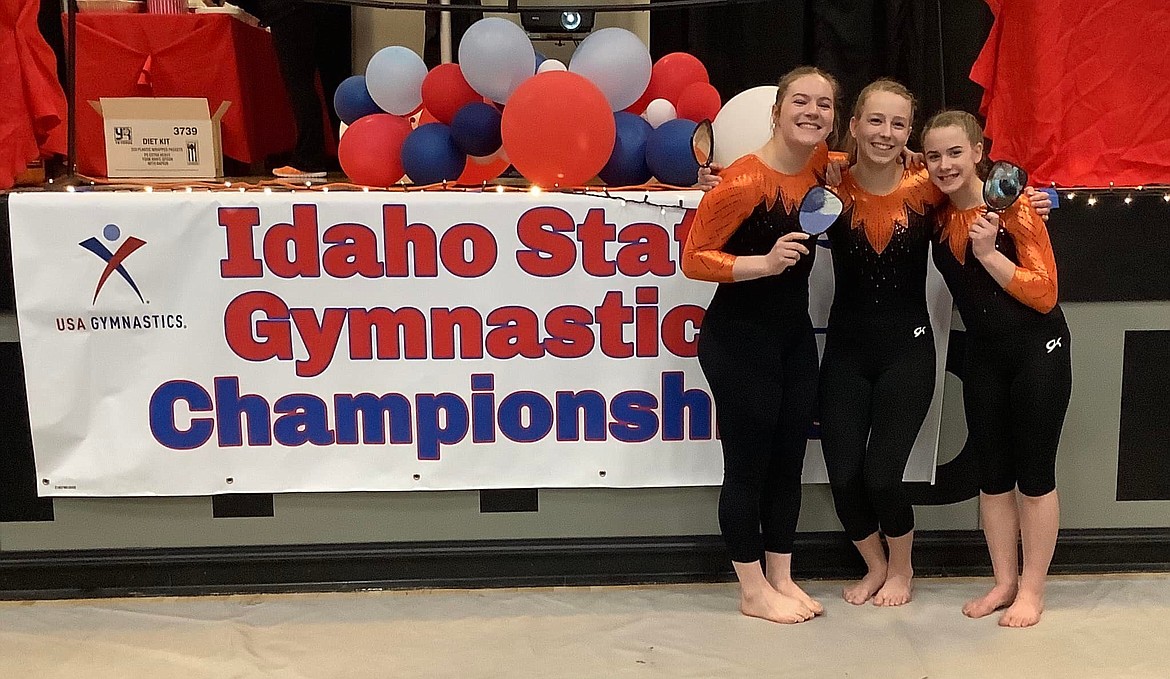 Courtesy photo
The North Idaho Gymnastics platinum team placed third at the Xcel state meet in Moscow, and all five gymnasts qualified for regionals. Qualifiers from Session 1 were, from left, Dakota Caudle, Aly Caywood and Evyn Lyon.