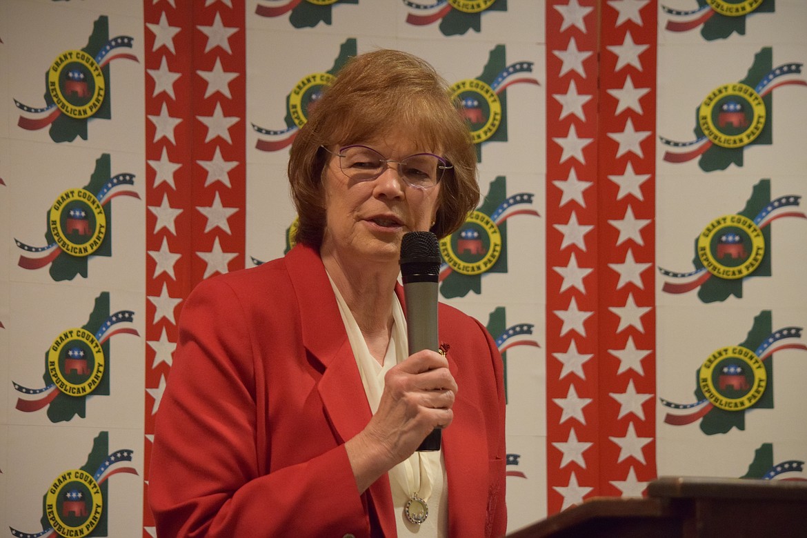 Sen. Judy Warnick, R-Moses Lake, speaking at the Grant County Republican Party’s Lincoln Day fundraising dinner in February, 2020. A Warnick bill extending tax breaks for solar manufacturers aimed at encouraging manufacturing investment in Washington State — and specifically in Moses Lake — passed the state legislature handily and awaits Gov. Jay Inslee’s signature.