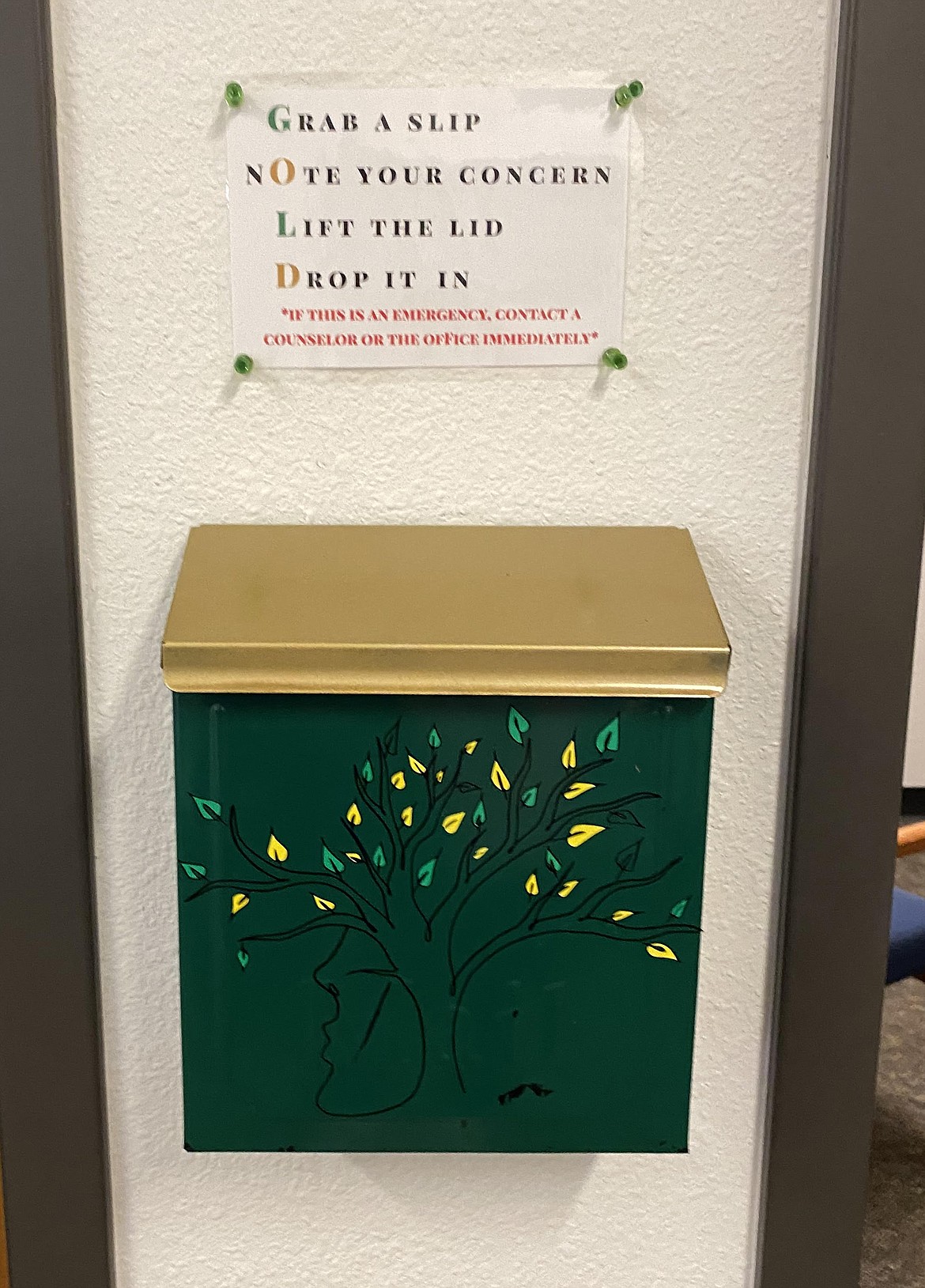 A "Gold Box" for students to leave anonymous tips in Whitefish High School. (Courtesy photo)