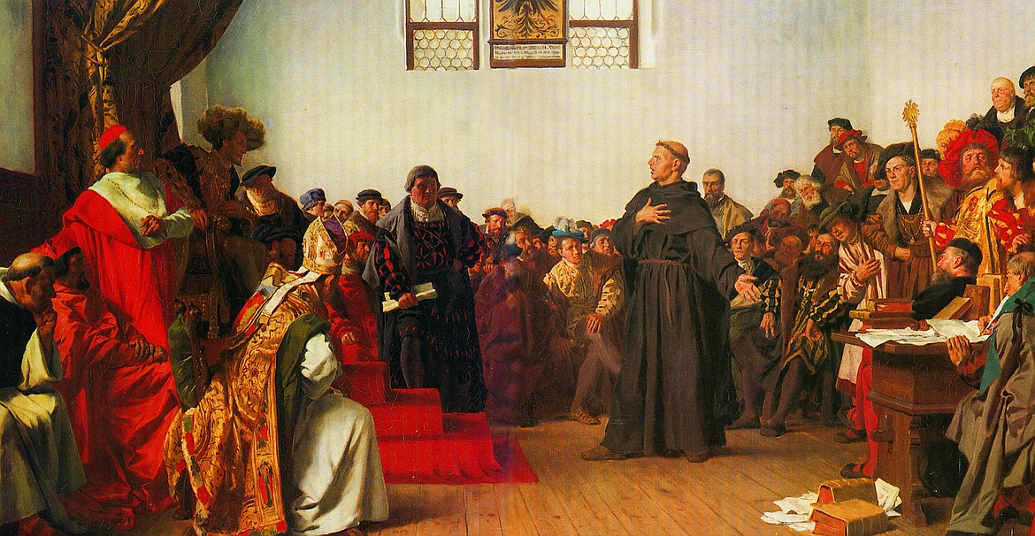 Painting by Anton von Werner (1877) Martin Luther stating his case of the 95 Theses when summoned before the Diet at Worms, Germany in 1521.