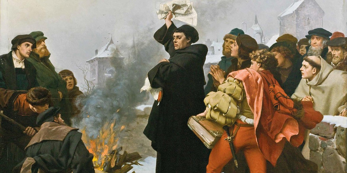Paul Thumann painting (1872) depicting Martin Luther burning the papal bull excommunicating him, issued by Pope Leo X in 1521.