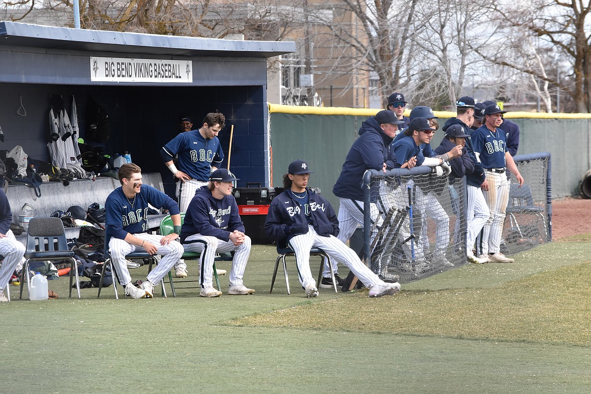 Big Bend baseball players watch from the dugout as their teammates go up to bat and round the bases during the game against Edmonds College on March 18. BBCC head baseball coach Chase tunstall said he's proud of his team this year and looks forward to the record they can build together.