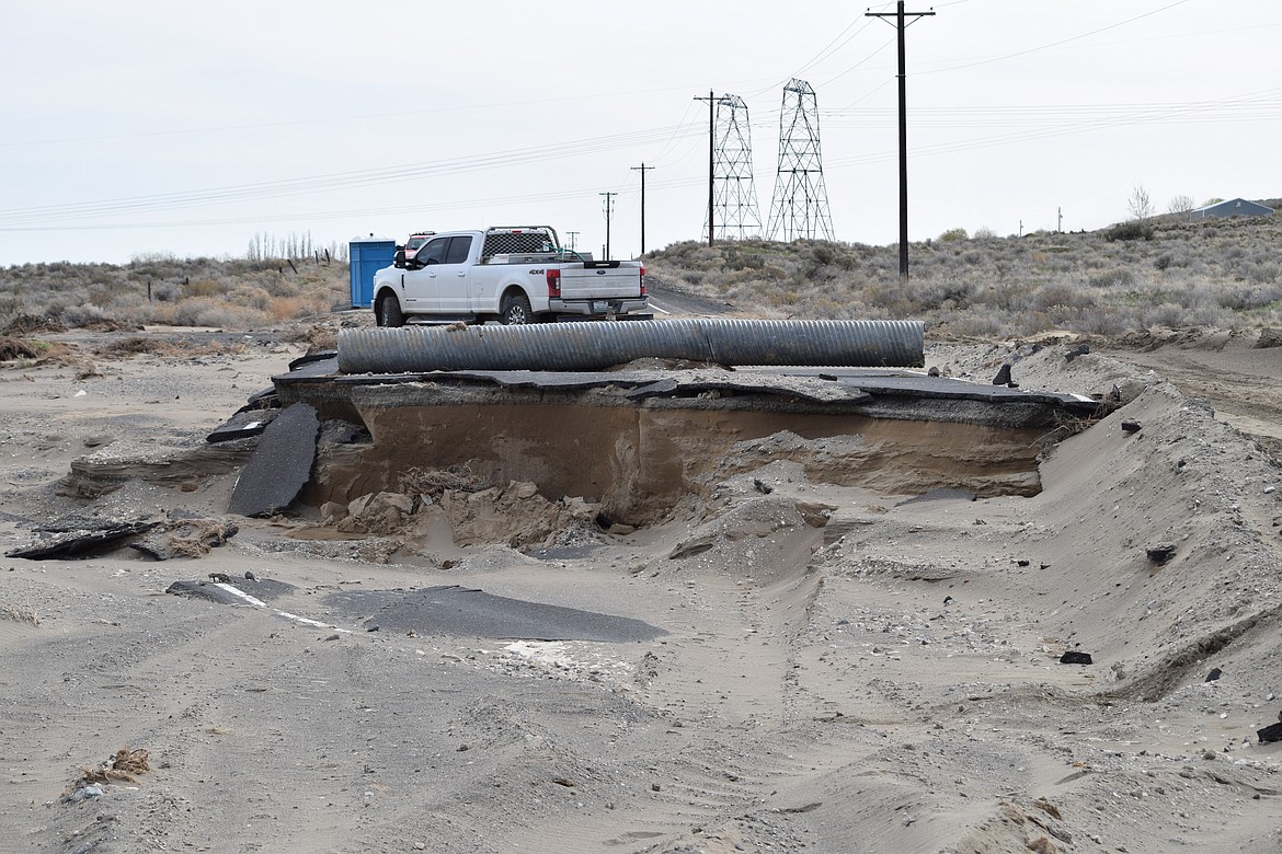 Evidence of a cataclysm that washed out a portion of Frenchman Hills Road last Friday when a canal operated by the Quincy Columbia Basin Irrigation District failed.