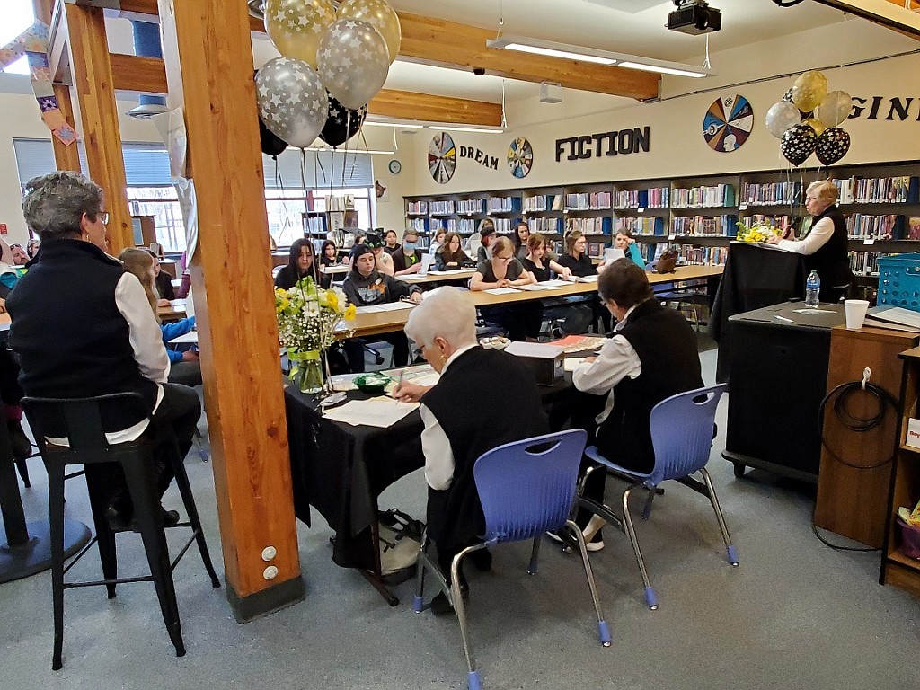 The P.E.O. Chapter CA Committee presents its Ready? Set-Goals! Program to Polson Middle School eighth grade girls. (Courtesy photo)