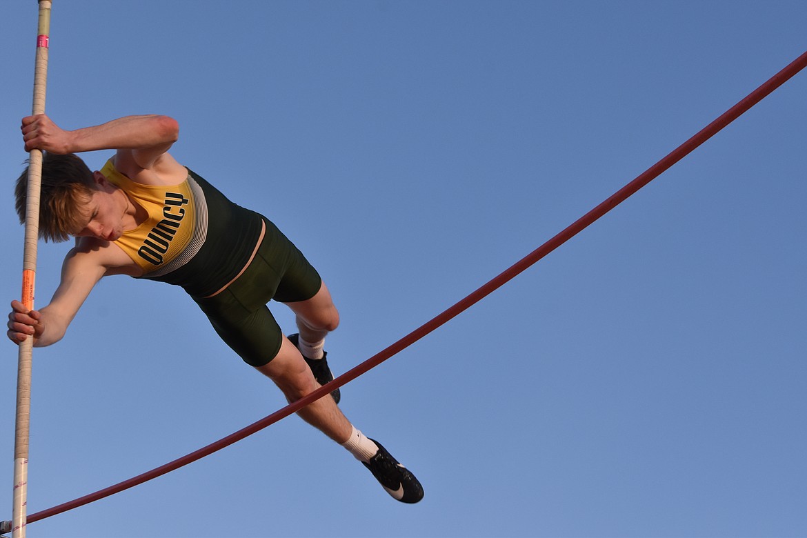 Quincy High School senior Aidan Heikes took first in the pole vault by three feet over the second place athlete at the Best in the Basin track and field meet on March 24.