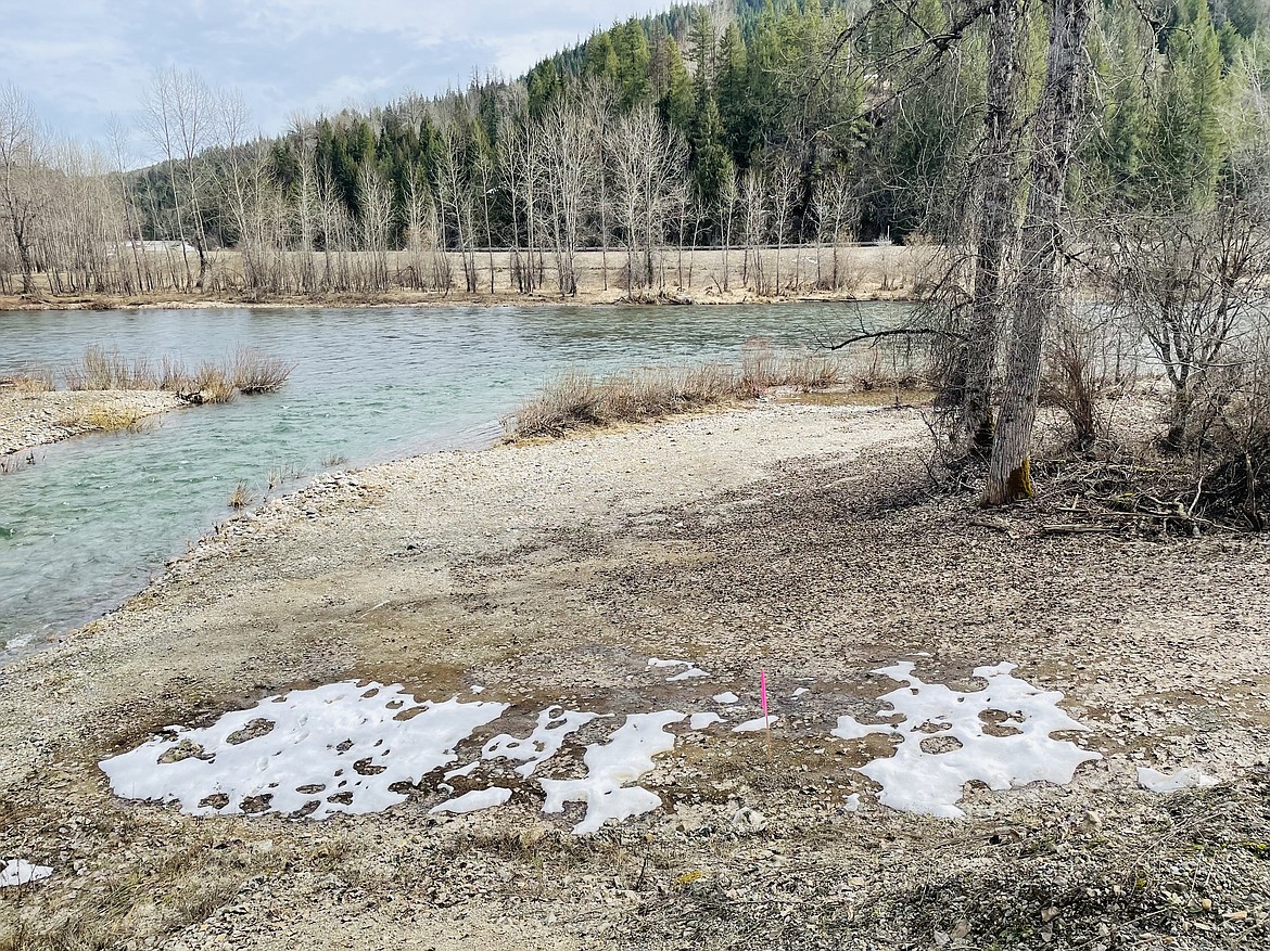 The property discussed in the petitioned vacation. Everything beyond the pink taped stake is part of a quitclaim deed that was filed by Buell Bros. Inc., and they were hoping to get the land vacated by Shoshone County in order to create one giant parcel of riverfront property.