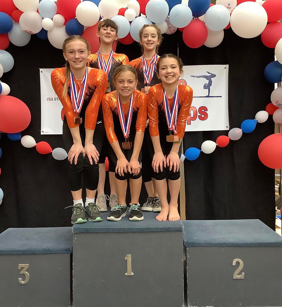 Courtesy photo
The North Idaho Gymnastics Bronze team placed fourth at the Xcel state gymnastics championships in Moscow. In the front row from left are Ashley Gwin, Sydney Thompson and Aria Milewski; and back row from left, Summer Spiker and Elliott Tuntland.