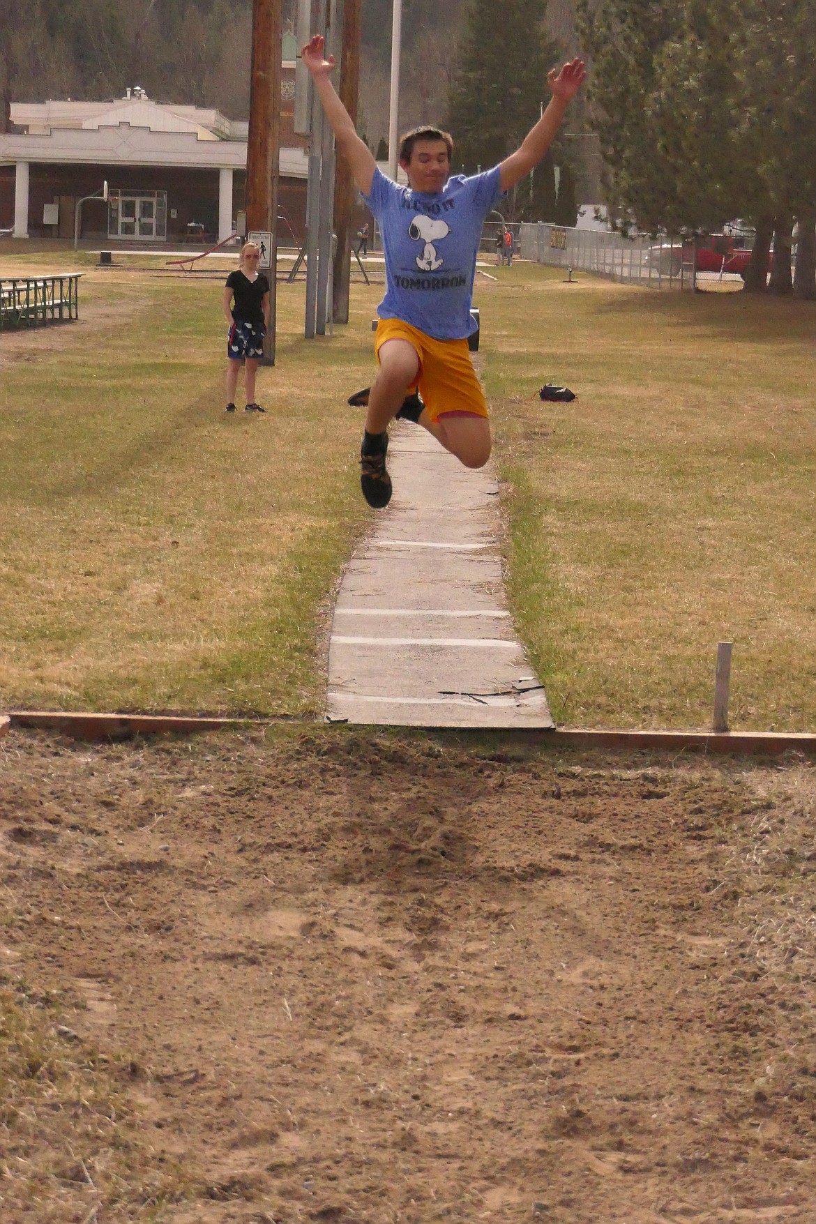 Freshman long jumper Ayden Rael gets airborne on his run during jumpers practice last week.  (Chuck Bandel.MI-VP)