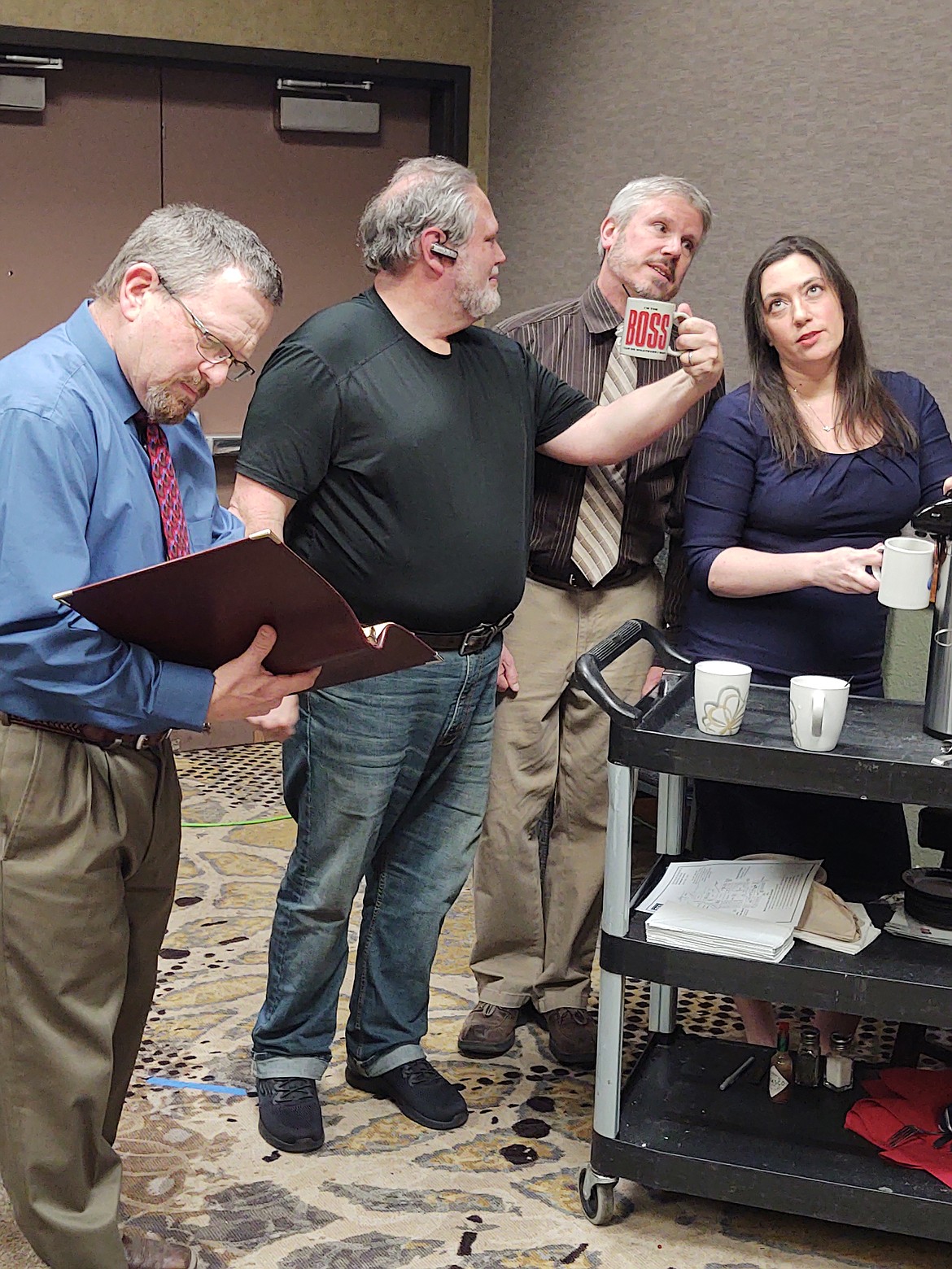 Pictured left to right, John Goroski as Norman, Larry Lefcourt as the boss, Tony Nelson as Phil, and Amy Galt as Sophia in Gypsy Theatre Guild's production of "Cockeyed."