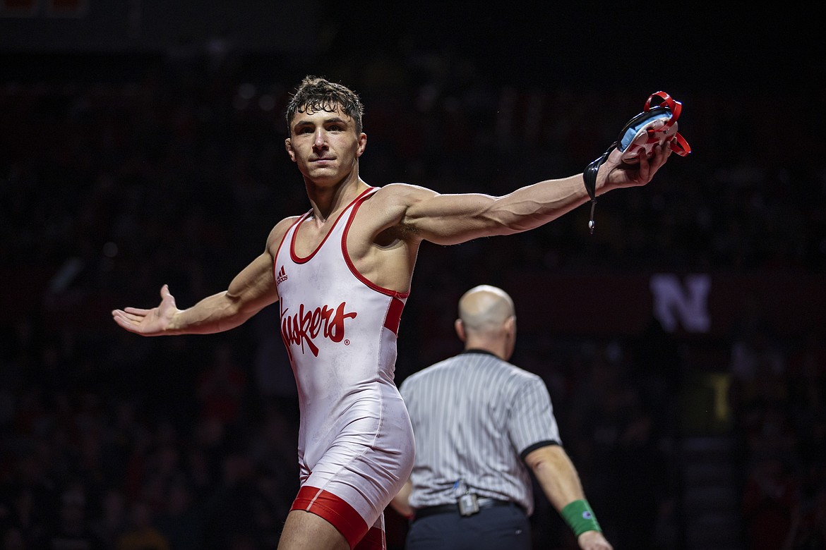 Photo courtesy of NEBRASKA ATHLETICS
Nebraska sophomore Ridge Lovett celebrates following a win in a dual against Iowa on Feb. 20 in Lincoln, Neb. Lovett, a Post Falls High product, finished runner-up at 149 pounds in the NCAA Championships earlier this month in Detroit.