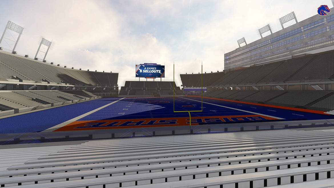 Courtesy Boise State Athletics
Thanks to a $4.5 million gift from Melaleuca, a privately held health products manufacturer based in Idaho Falls, Boise State Athletics intends to install the largest video board in the Mountain West Conference in the south end zone of Albertsons Stadium. The state-of-the-art video board is slated to be 120 feet wide and 50 feet tall.