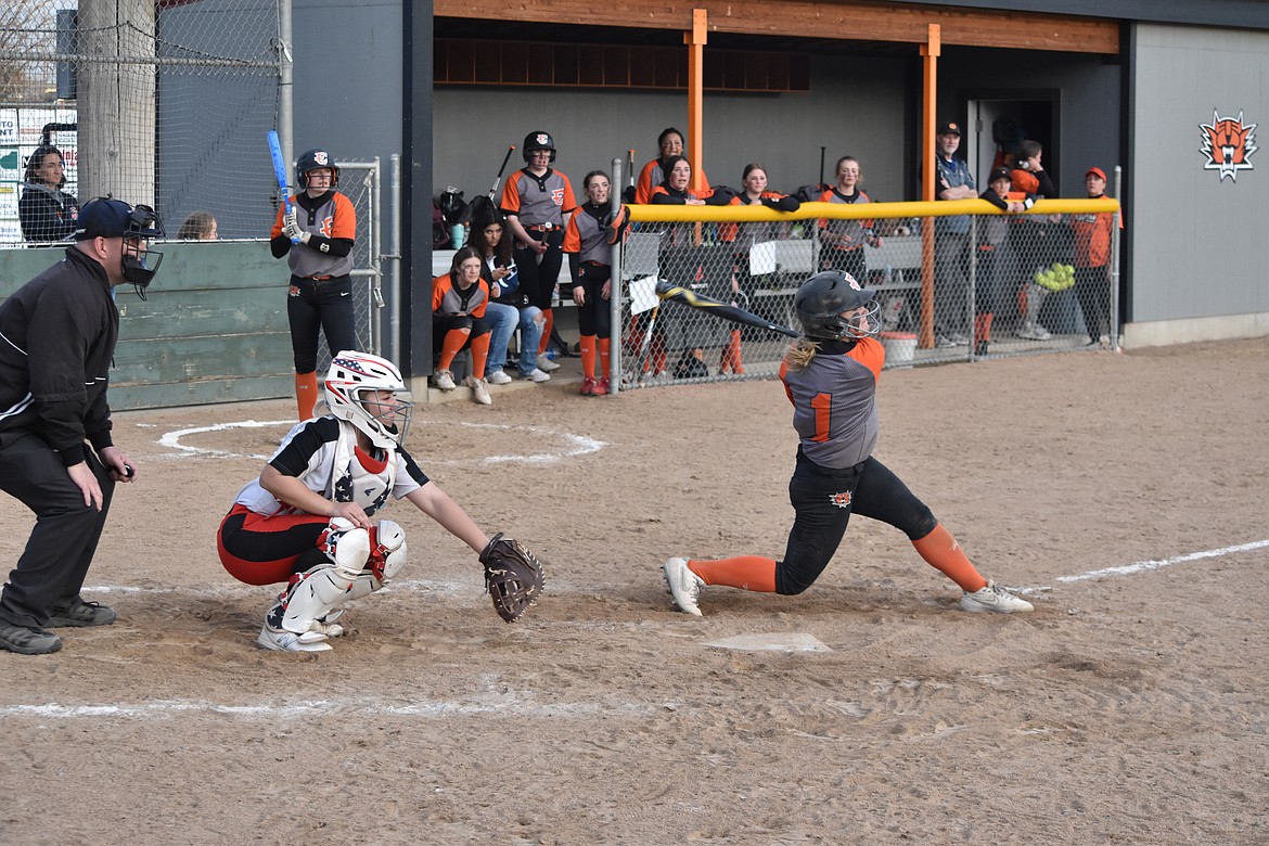 Ephrata High School freshman Kaydence Hector (1) hits the ball during the doubleheader against East Valley on March 29 at Ephrata.