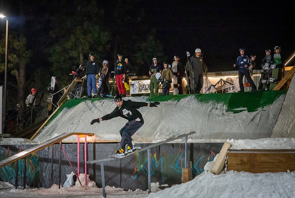 Snowboarder Aiden Hazan rides a rail at the Jam 4 Cans Rail Jam in Post Falls on March 26.