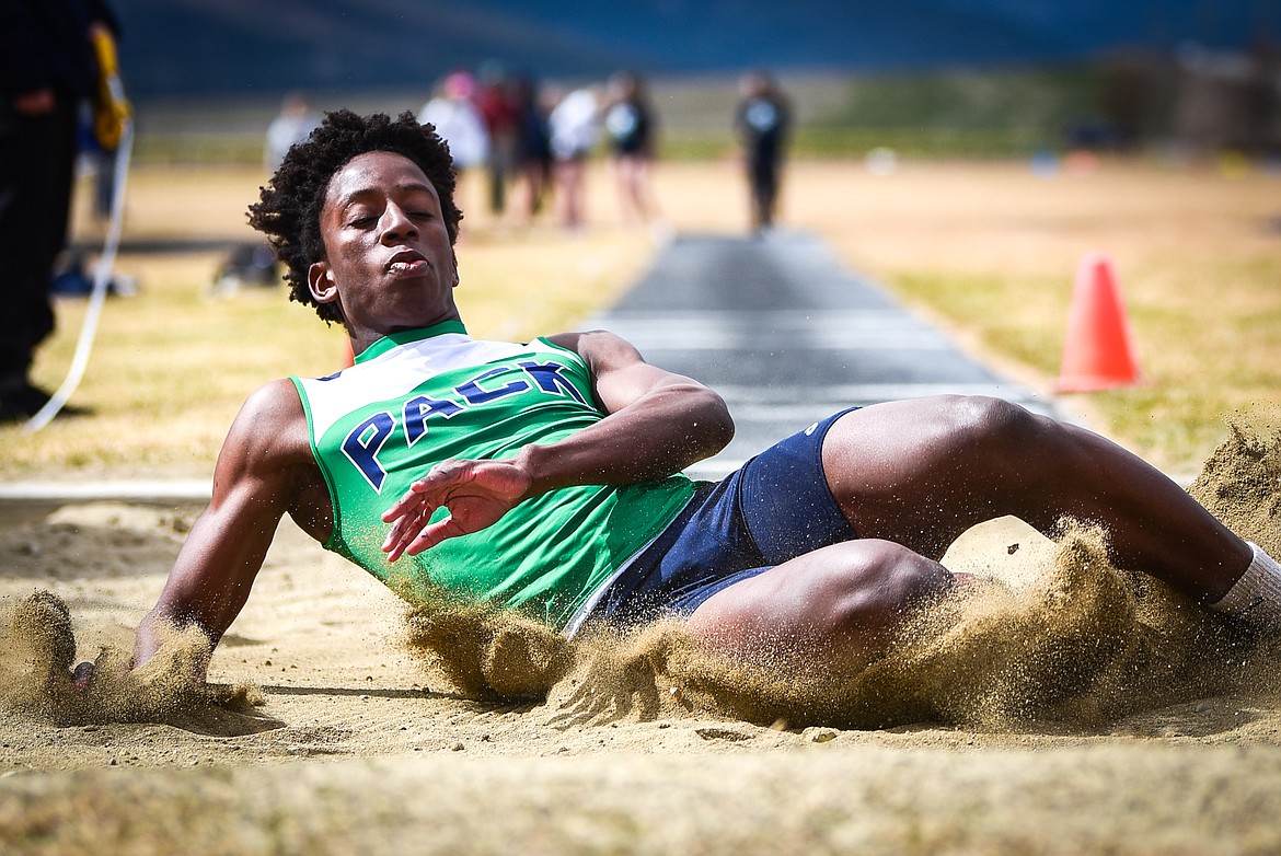 Glacier's Jeff Lillard competes in the long jump in a dual against Helena Capital at Glacier High School on Friday, April 1. (Casey Kreider/Daily Inter Lake)