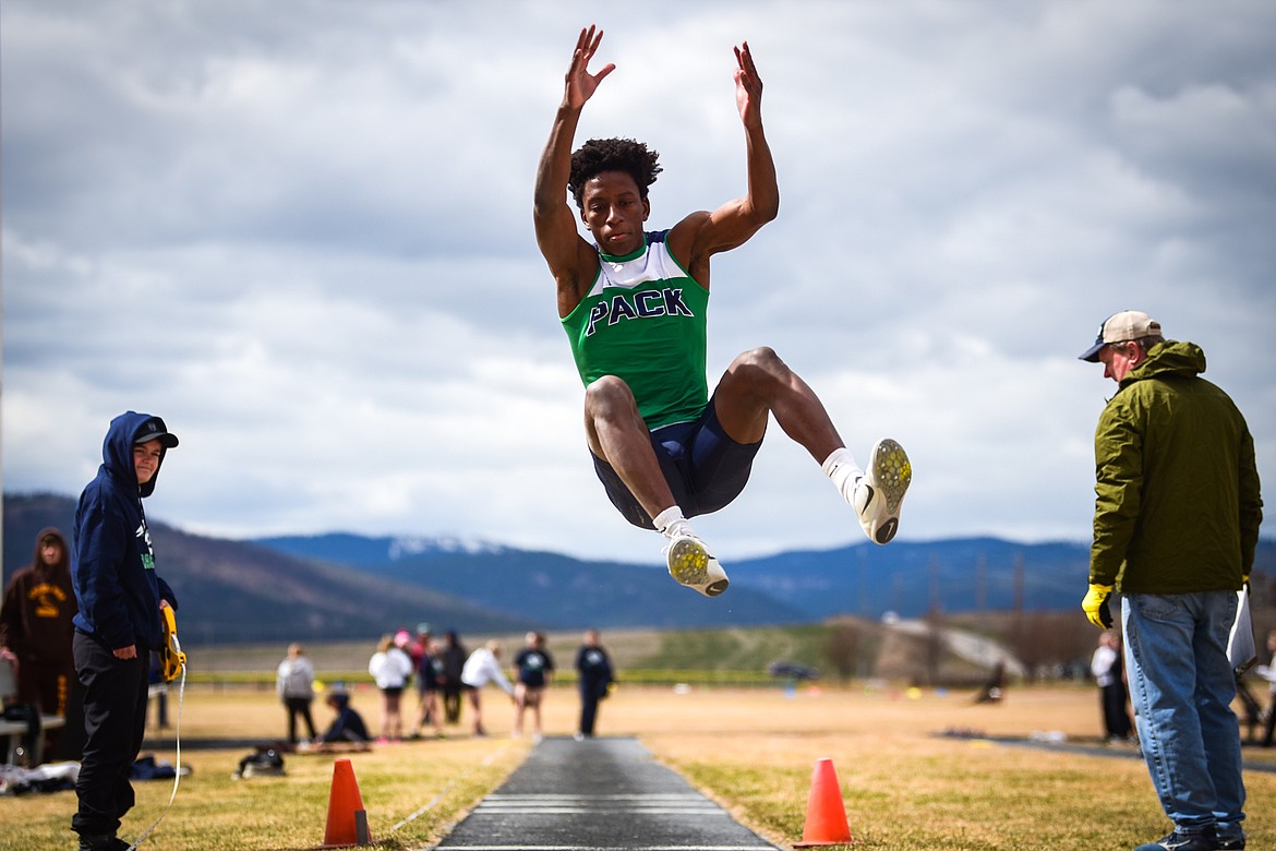 Glacier's Jeff Lillard competes in the long jump in a dual against Helena Capital at Glacier High School on Friday, April 1. (Casey Kreider/Daily Inter Lake)