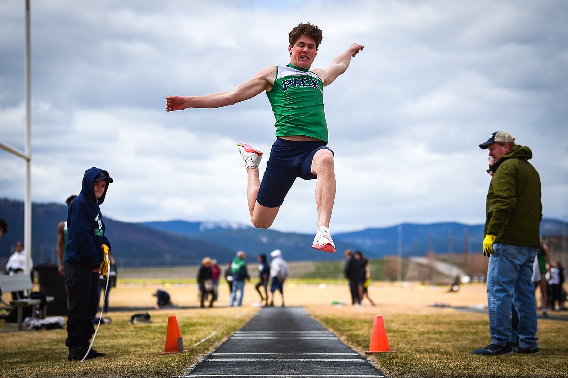Glacier's Kaid Buls competes in the long jump in a dual against Helena Capital at Glacier High School on Friday, April 1. (Casey Kreider/Daily Inter Lake)