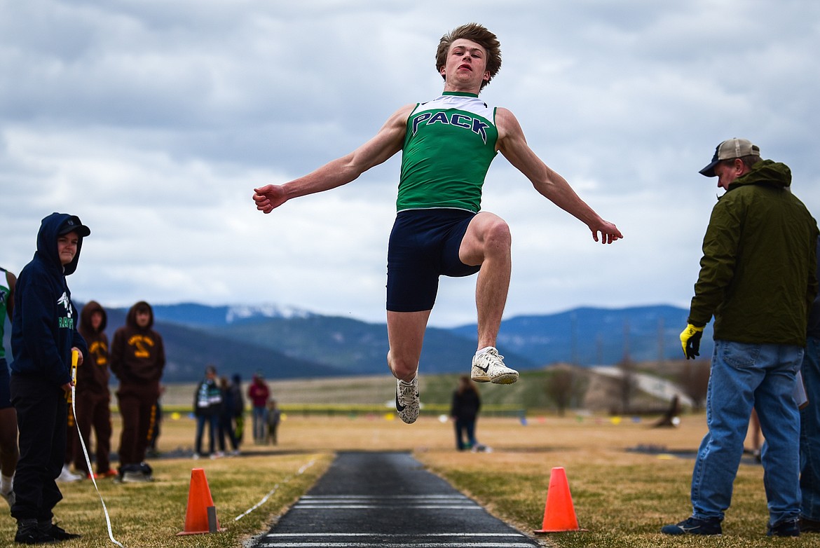 Glacier's Connor Sullivan competes in the long jump in a dual against Helena Capital at Glacier High School on Friday, April 1. (Casey Kreider/Daily Inter Lake)