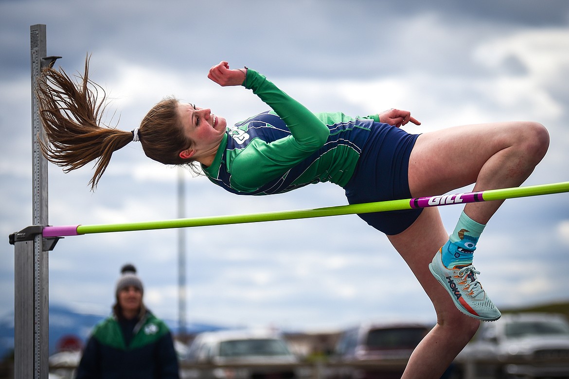Glacier's Jaidyn Pevey clears 4'9" in the high jump in a dual against Helena Capital at Glacier High School on Friday, April 1. (Casey Kreider/Daily Inter Lake)