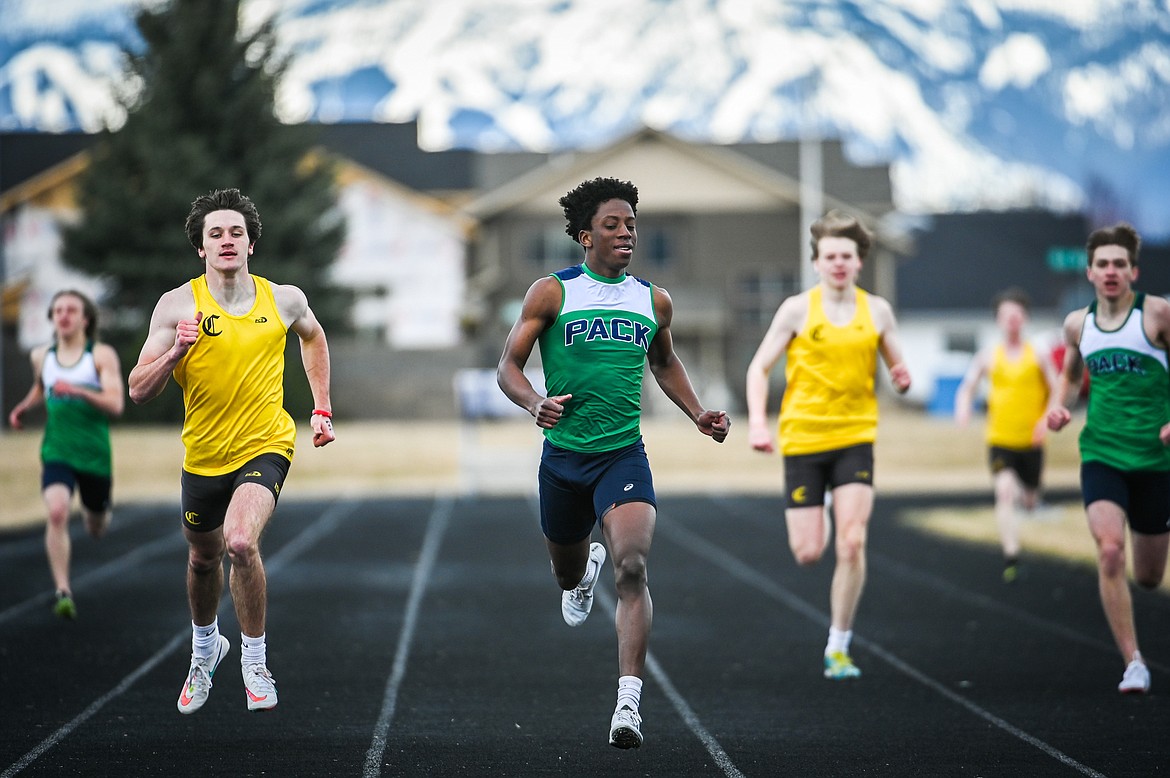 Glacier's Jeff Lillard crosses the finish line in the boys 400 meter dash in a dual against Helena Capital at Glacier High School on Friday, April 1. (Casey Kreider/Daily Inter Lake)