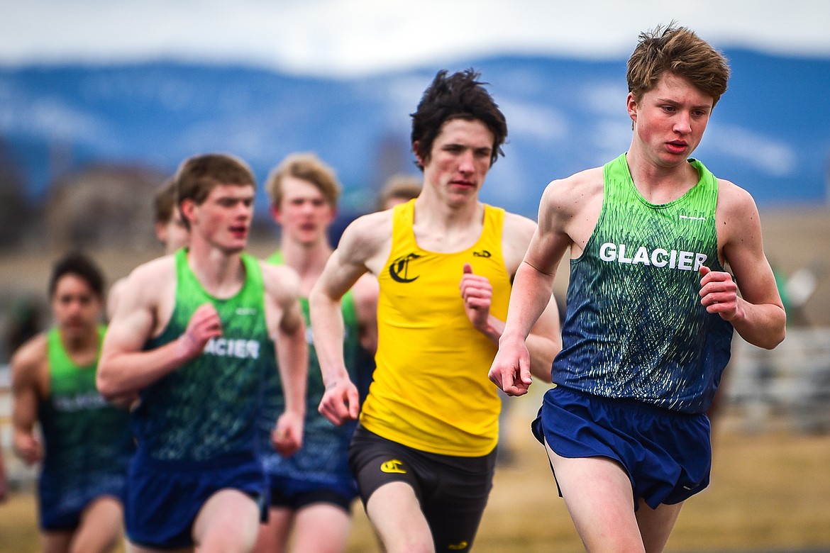 Glacier's Sam Ells leads the pack in the boys 1600 meter run in a dual against Helena Capital at Glacier High School on Friday, April 1. (Casey Kreider/Daily Inter Lake)