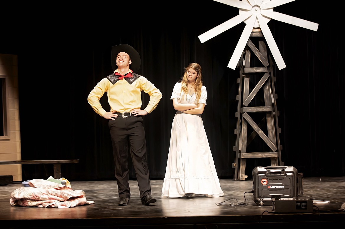 Will Parker (Ian Wiseman, right) makes his case to a skeptical Ado Annie (Zoe Sterner, right). “Oklahoma!” will be presented by Moses Lake High School Drama beginning April 15.