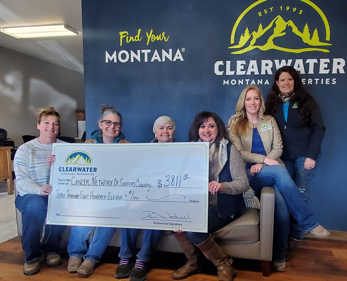 The 2022 donation to Cancer Network of Sanders County for $3,811, left to right, agent Jackie Collins, Shelly Mathis-Bertrand and Sherryl Wachob with the Cancer Network. Dawn Krebs, Rachel Doble and Mary Halling, Clearwater Agents.