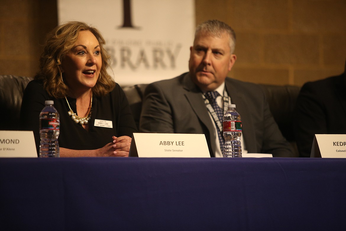 Idaho Sen. Abby Lee speaks while Idaho State Patrol Col. Kedrick Wills listens during a meeting of the Citizens Action Group on Fentanyl in Coeur d'Alene on Monday.