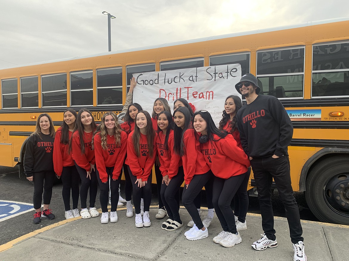 The Othello High School Dance and Drill team poses for a picture before getting on the bus prior to the state championships.The team was escorted out by a parade and back home by community first responders.