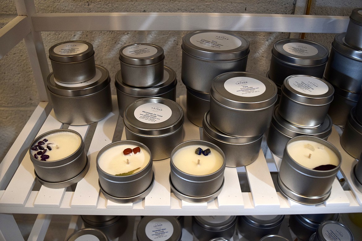 Some of Angela Clay’s scented candles, which have names like “Renewed Resolve,” “Marmalade on Toast” and “Departure and Arrival.”