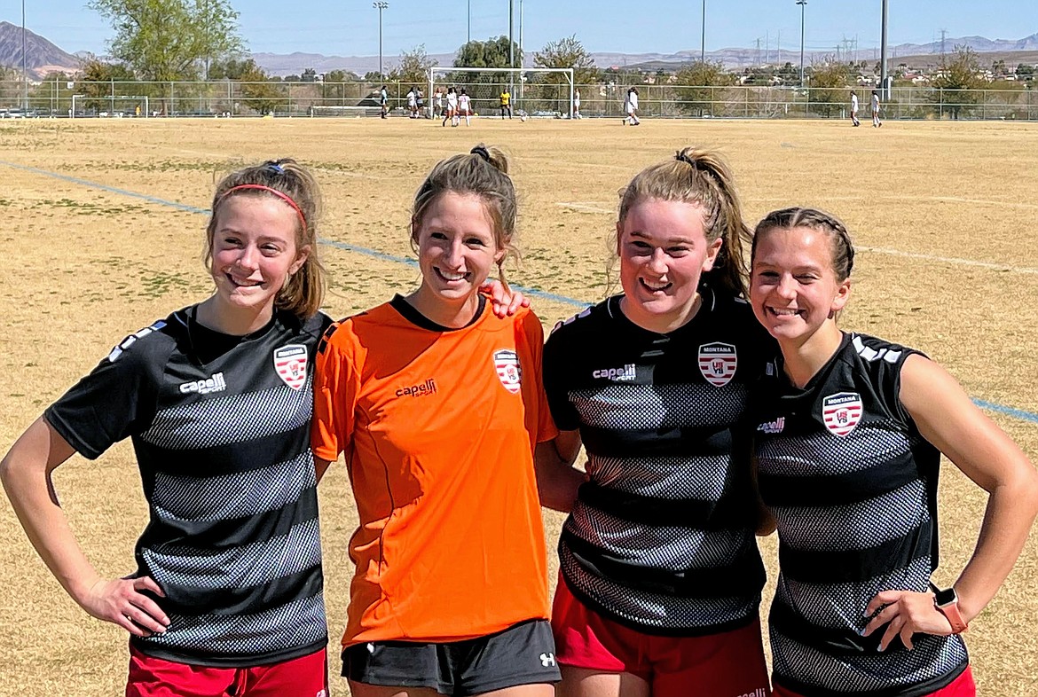 Four soccer players represented the Flathead Valley at the 2022 Players Showcase in Las Vegas on March 18-20. From left, Reagan Brisendine, Ella Wilson, Fionna Coulter and Rylee Barnes. (Photo courtesy Phil Wilson