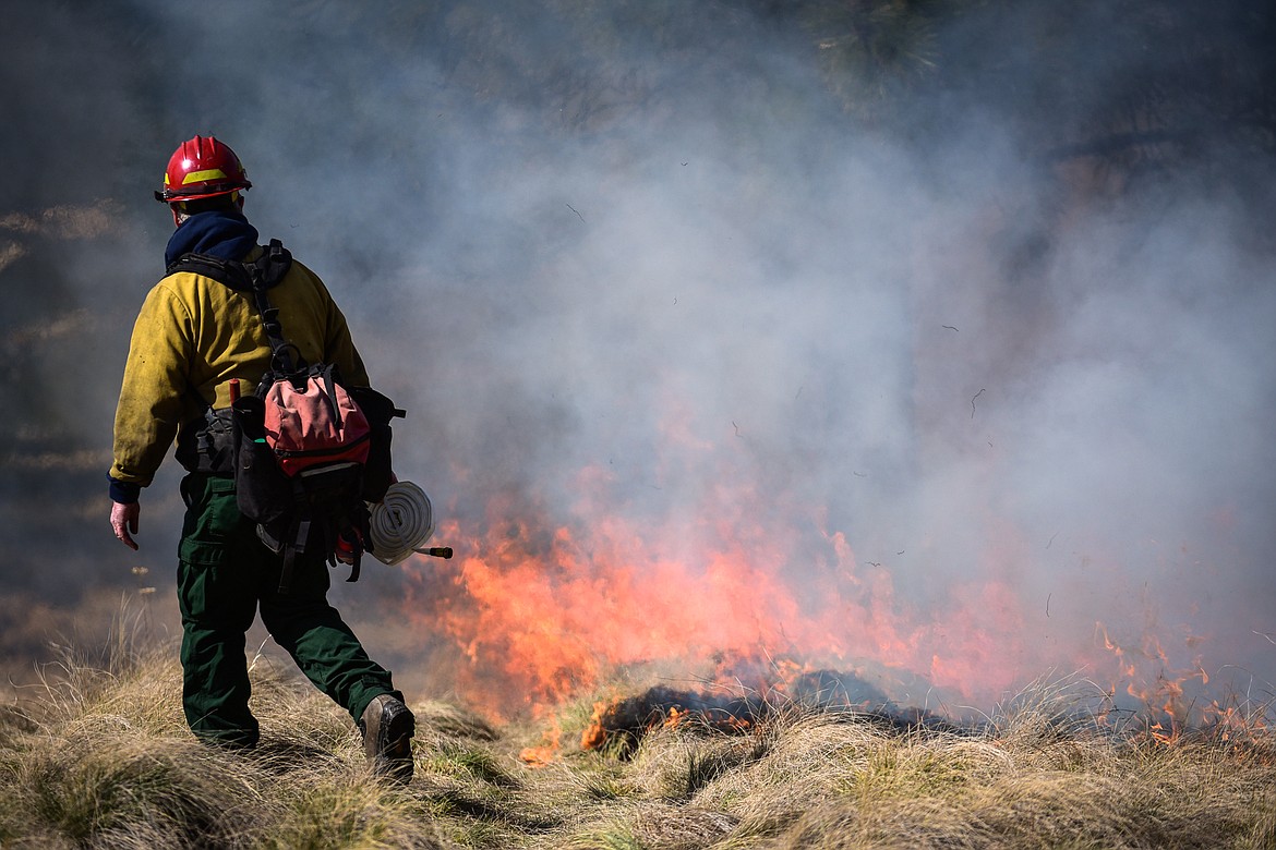 Nick Aschenwald, with the Montana DNRC, uses a drip torch to ignite bunch grass during a prescribed burn at Lone Pine State Park in Kalispell on Thursday, April 7. Held in conjunction with Montana Fish, Wildlife & Parks, the prescribed fire is aimed at benefiting the park's grassland habitat, including native plants and the wildlife species that frequent the area.(Casey Kreider/Daily Inter Lake)