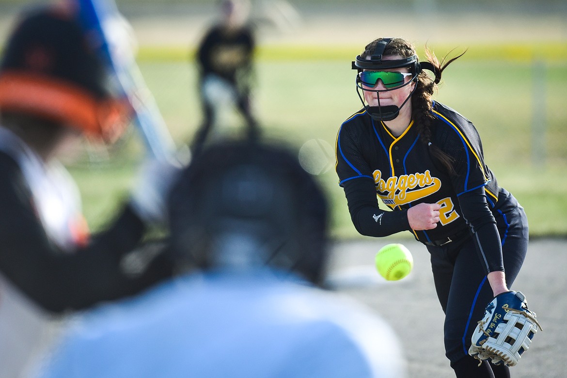 Libby pitcher Paislee MacDonald (2) delivers to a Flathead batter at Kidsports Complex on Thursday, April 7. (Casey Kreider/Daily Inter Lake)