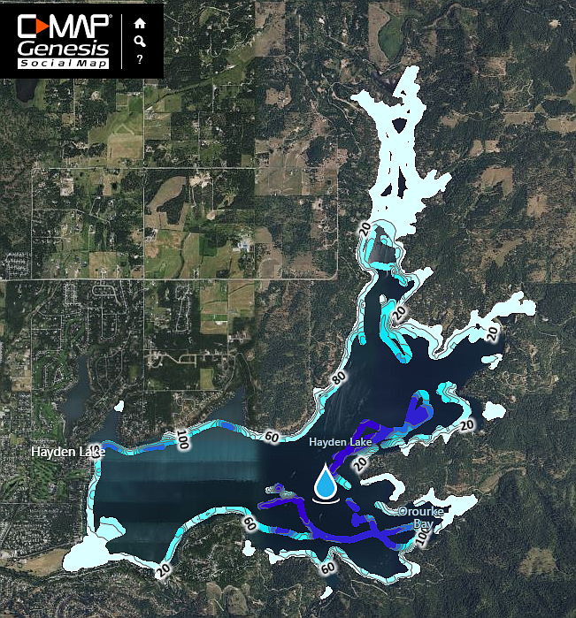 This C-MAP social map shows the current data available for the bottom of Hayden Lake. On April 18th through 22nd, the Hayden Lake Watershed Improvement District is looking for area anglers and boaters with fish-finding sonar devices to help gather data to complete the map. Photo courtesy of the Hayden Lake Watershed Improvement District