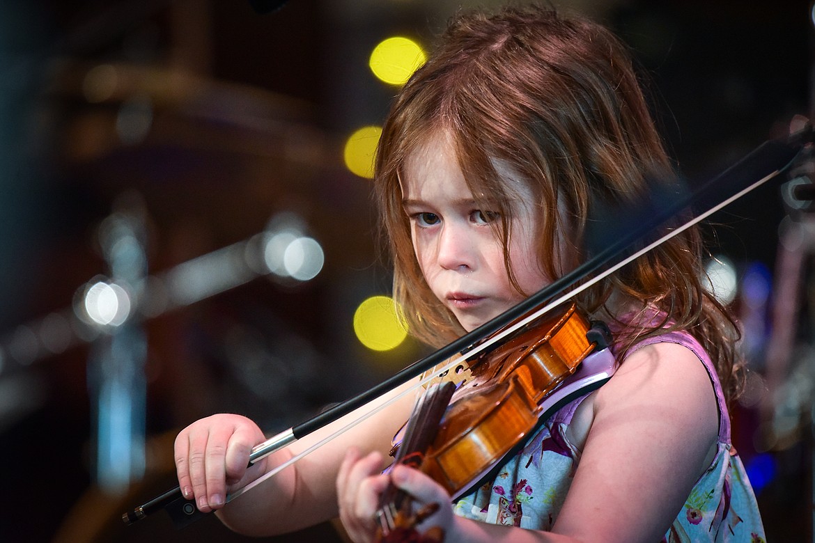 Maggie Buckley performs "Blackberry Blossom" in the pee wee age division final round at the 12th annual Glacier Fiddle Festival at Cornerstone Community Church in Kalispell on Saturday, April 9. (Casey Kreider/Daily Inter Lake)