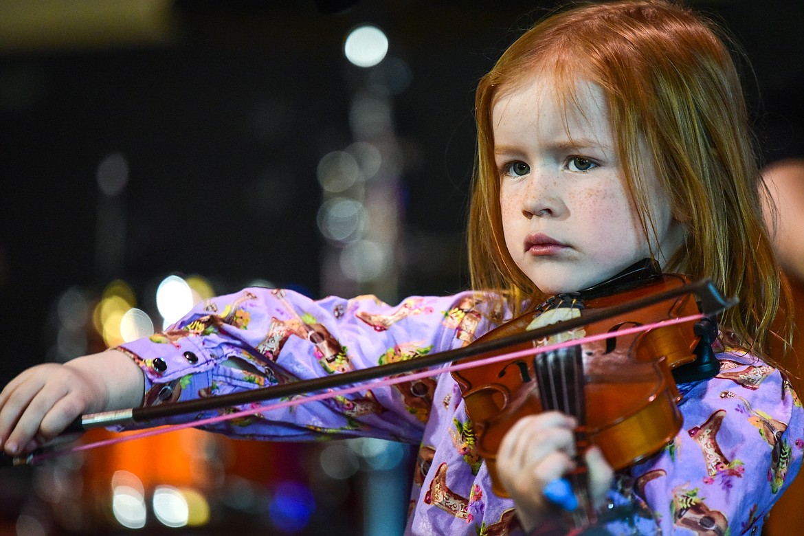 Abby Buckley performs in the pee wee age division final round at the 12th annual Glacier Fiddle Festival at Cornerstone Community Church in Kalispell on Saturday, April 9. (Casey Kreider/Daily Inter Lake)