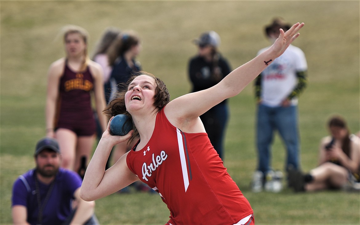 Shyla Schlieker of Arlee finished 11th in the shot put with a throw of 22 feet, 9.5 inches at the Dave Tripp Memorial. (Scot Heisel/Lake County Leader)