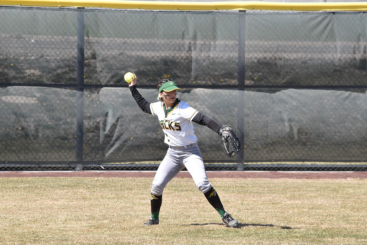 Quincy High School senior Jocelyn Camacho (3) throws the ball in from the outfield after a Nooksack Valley opponent hit the ball that far on April 8.