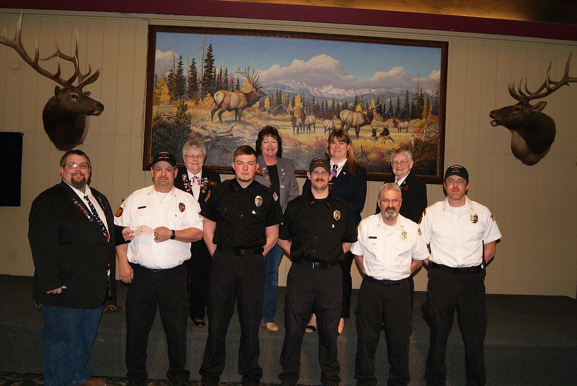 Somers Rural Fire Department – Mitch Kienas, Past Exalted Ruler; R.T.Kienas, assistant chief; Trevor Harman, training officer; Jacob Monday, training officer; Tom Havens, chief; Alex Schlegel, captain; Back Row Millie Mitchke, Exalted Ruler, Janeen Lembke, Lodge secretary; Elizabeth Wood, District deputy; and Carol Beaudeon, Lodge treasurer