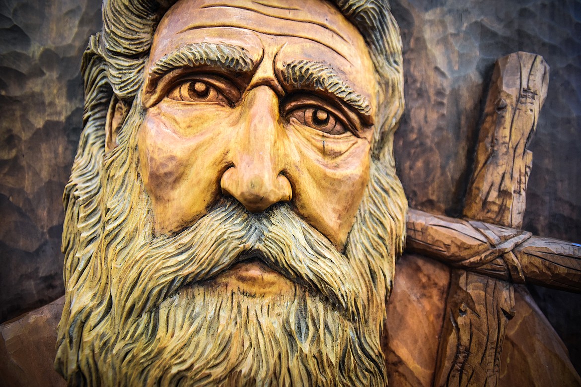 The face of the Matthew carving, one of Master carver Frank Tetrault's 12 Disciples carvings at Buffalo Hill Terrace in Kalispell. (Casey Kreider/Daily Inter Lake)