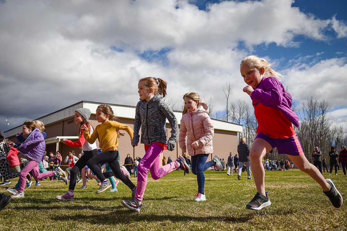 Second-grade girls start their race at the Evergreen Schools' cross country meet on Tuesday, April 5. (Casey Kreider/Daily Inter Lake)