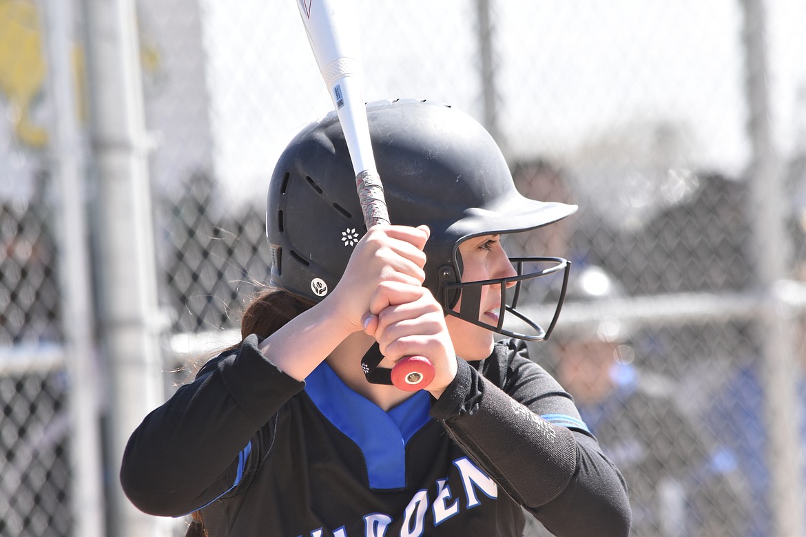 Warden softball player Aliza Leinweber waits for the pitch during the Cougars game against Blaine April 8.