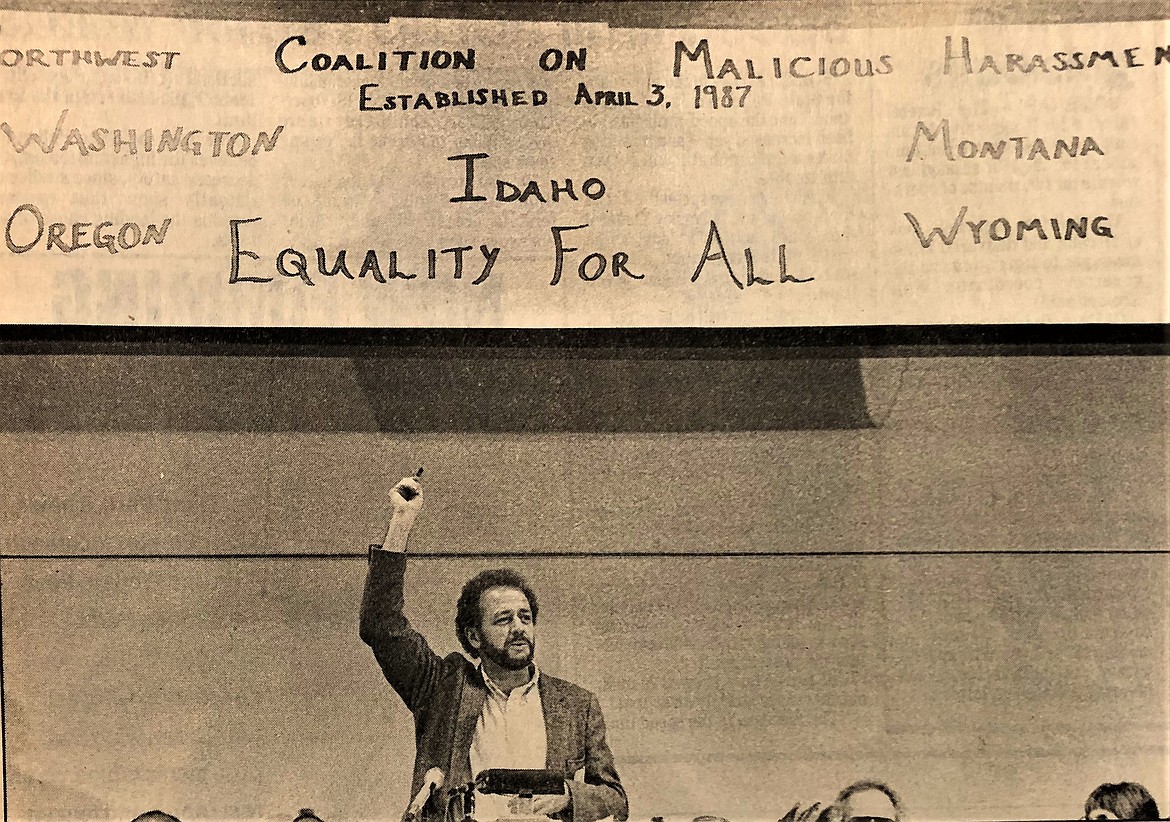 Bill Wassmuth at the April 3, 1987, signing of Northwest Coalition Against Malicious Harassment incorporation papers.