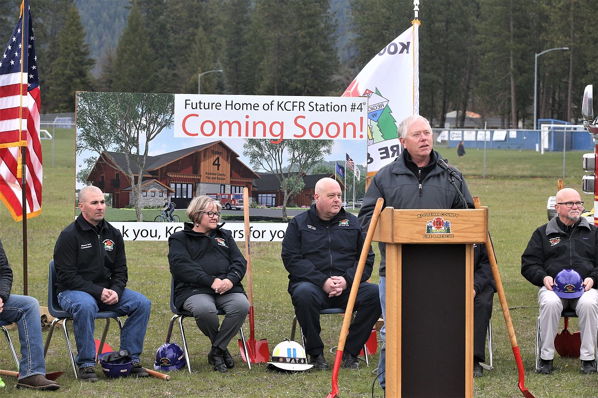 Kootenai County Fair Board Chairman Jerry Johnson speaks during Thursday's groundbreaking for the new Kootenai County Fire & Rescue fire station at the fairgrounds.