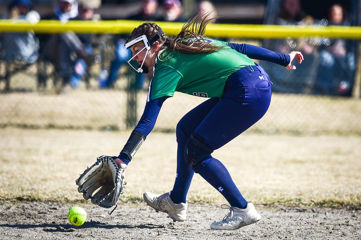 Glacier second baseman Avery Anderson (18) can't reach a ground ball against Helena Capital at Glacier High School on Friday, April 15. (Casey Kreider/Daily Inter Lake)