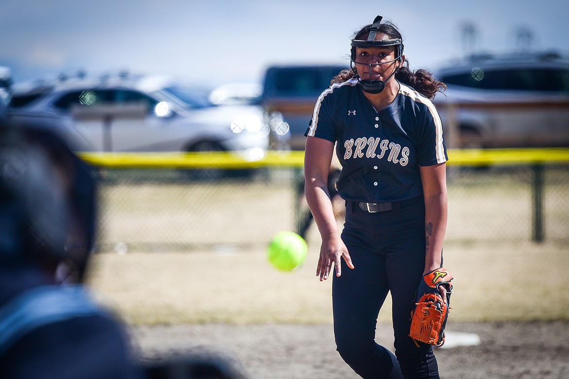 Helena Capital pitcher Nyeala Herndon (15) delivers to a Glacier batter at Glacier High School on Friday, April 15. (Casey Kreider/Daily Inter Lake)