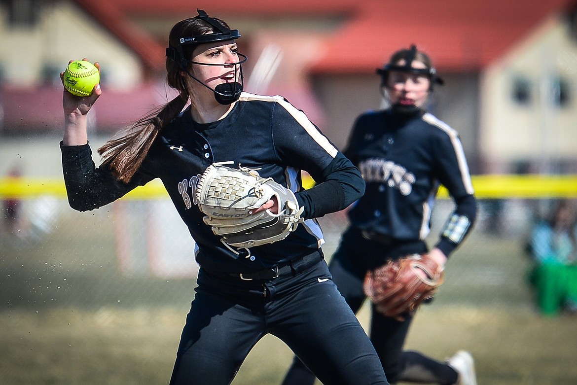 Helena Capital third baseman Riley Chandler (8) fires to first base for an out against Glacier at Glacier High School on Friday, April 15. (Casey Kreider/Daily Inter Lake)