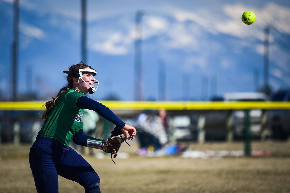 Glacier shortstop Sammie Labrum (1) fires across the diamond for an out in the fifth inning against Helena Capital at Glacier High School on Friday, April 15. (Casey Kreider/Daily Inter Lake)